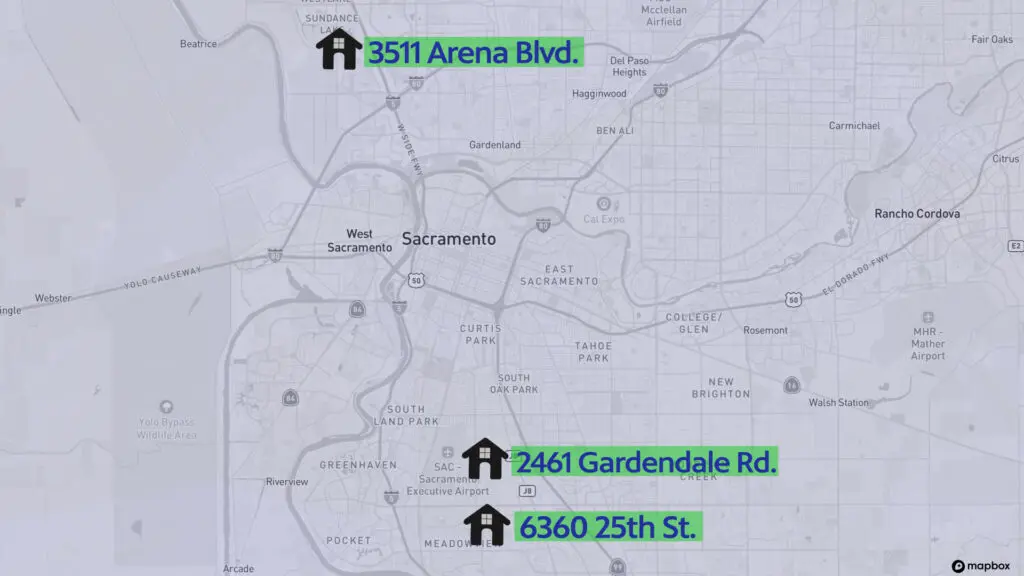 Map showing planned tiny home villages in Natomas, Brentwood and Meadowview