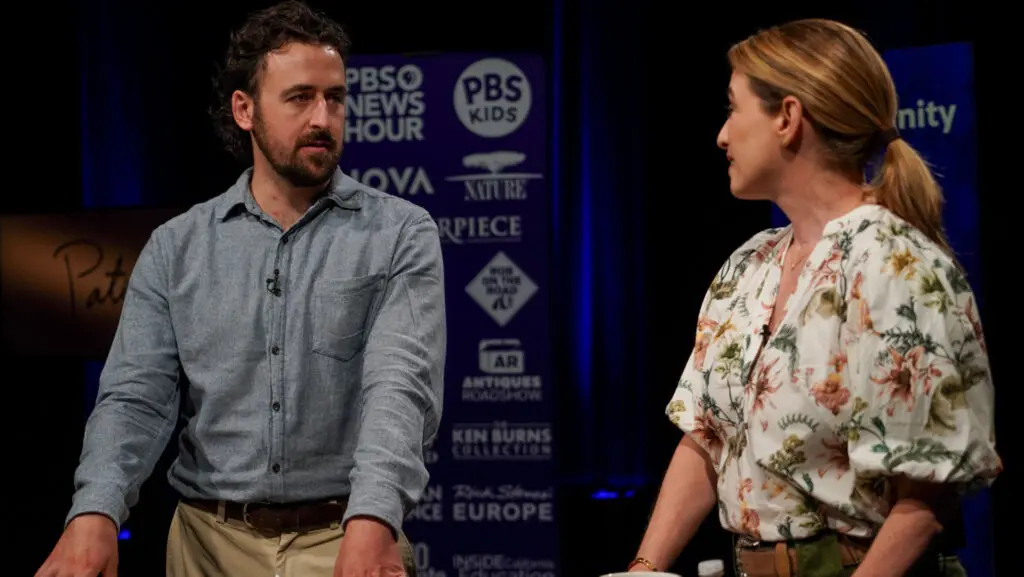Benjy Egel of Abriged speaks with Pati Jinich during an interview at PBS KVIE on Sept. 3, 2025. Photo by Denis Akbari.