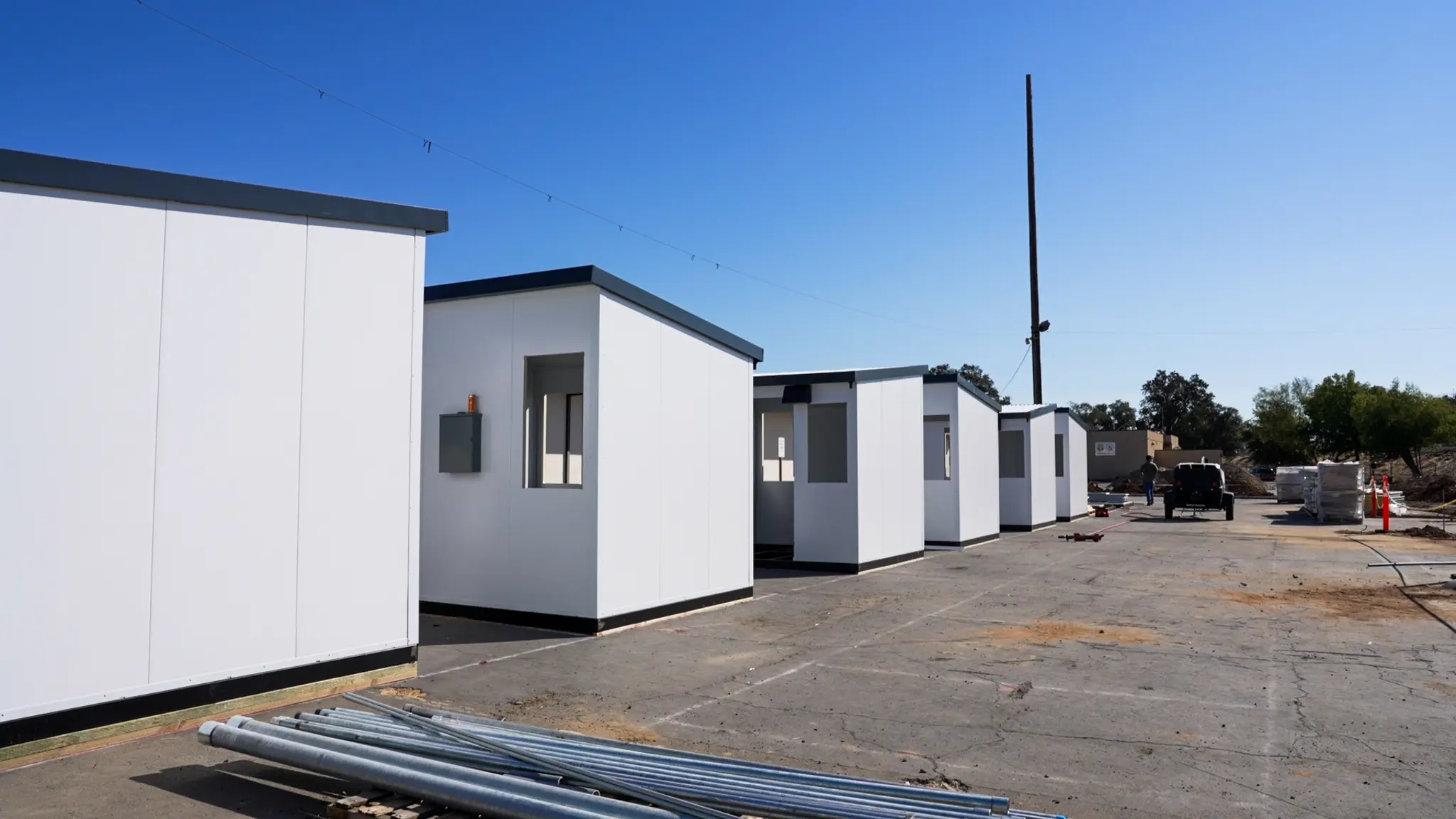 Tiny homes under construction at the Roseville Road Campus shelter on Aug. 25, 2025.