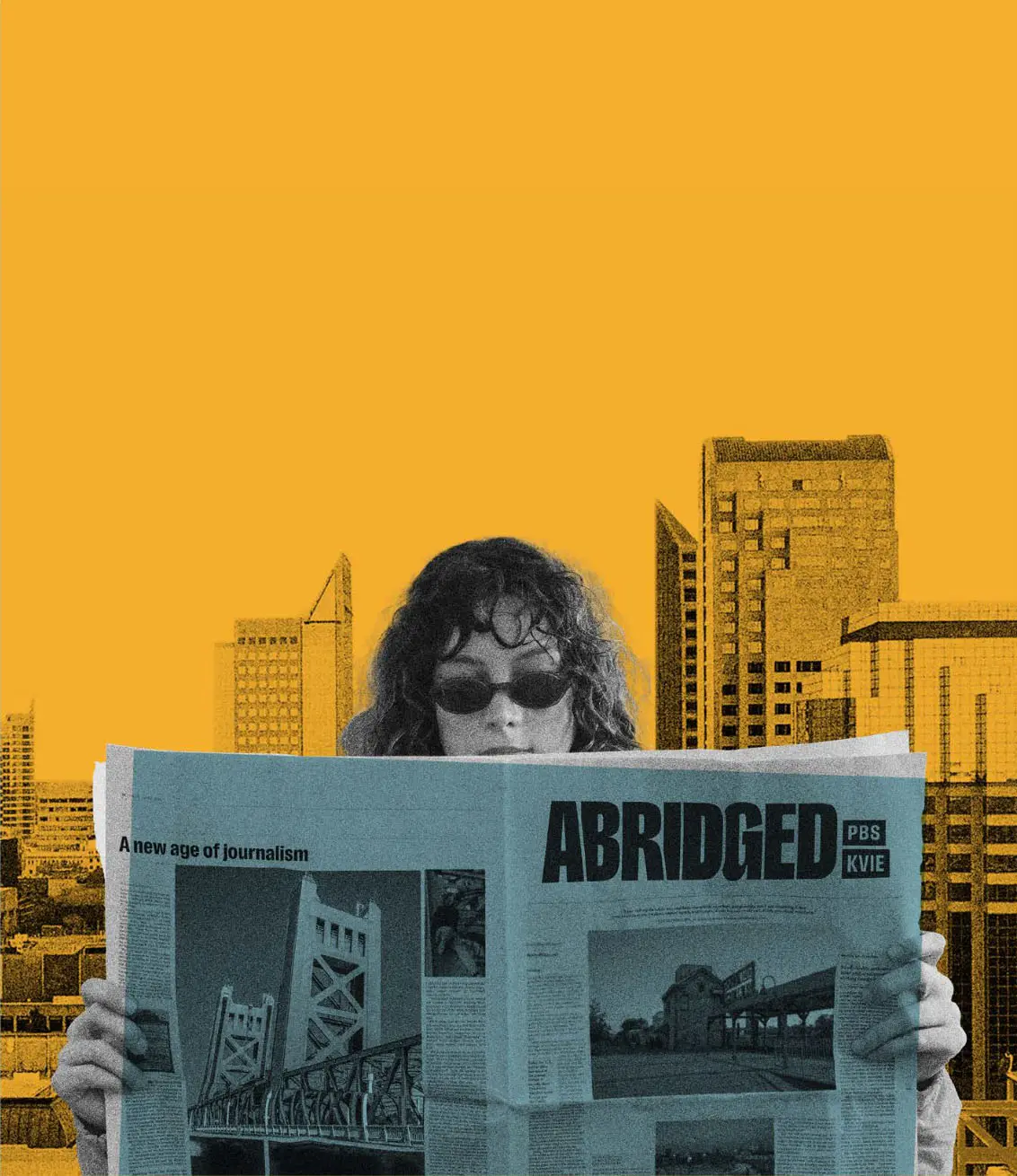 Woman reading Abridged PBS KVIE newspaper.