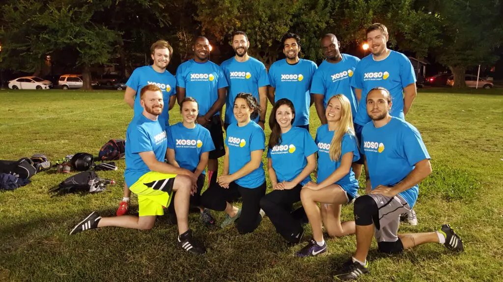Members of Xoso Sport & Social League gather for a game of ultimate Frisbee at Ulysses S. Grant Park in Sacramento. Xoso Sport & Social League is an active social club offering 11 sports, including pickleball, cornhole and flag football. 