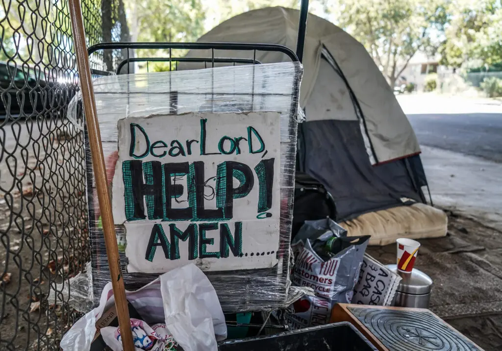 A homeless encampment under a Highway 50 overpass in 2019.