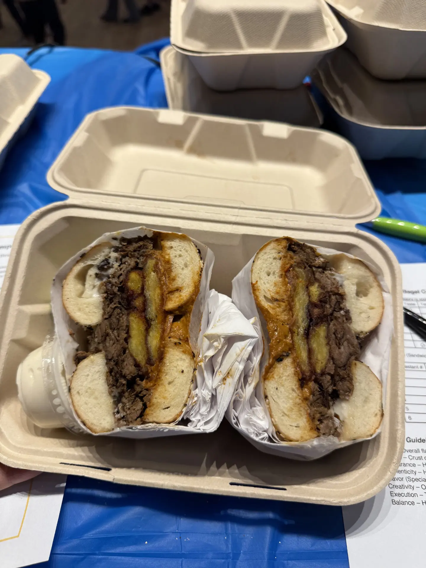 Forgotten Bakery's winning sandwich included vaca frita, plantains and muhammara with a side of toum.