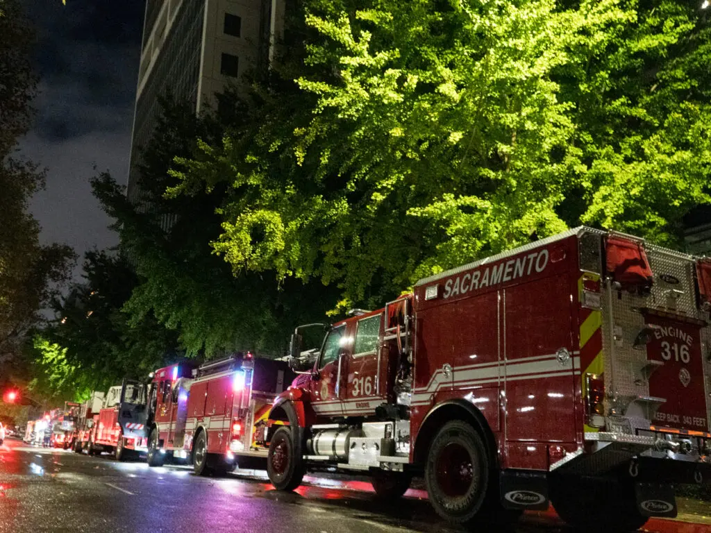 Fire engines wrapped the entire city block outside the vacant Board of Equalization state office building at 450 N St. downtown Sacramento.