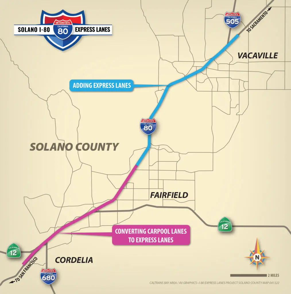 Map highlights area from Vacaville to Cordelia indicating where express lanes will go.