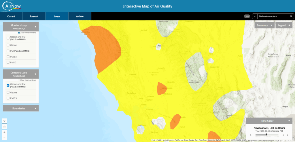 Air quality map shows orange and yellow indicating moderate and poor air quality in the region