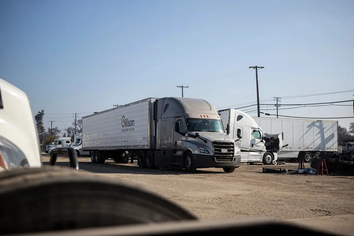 A truck waits to drive out of the Gillson Trucking Inc. facility in Stockton on Jan. 16, 2026.