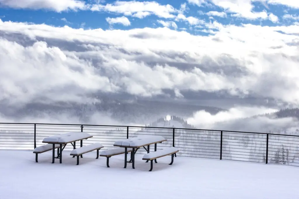 Snow on tables at ski resort