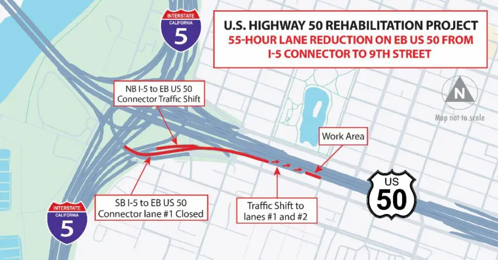 Map of upcoming Highway 50 lane closure from Caltrans