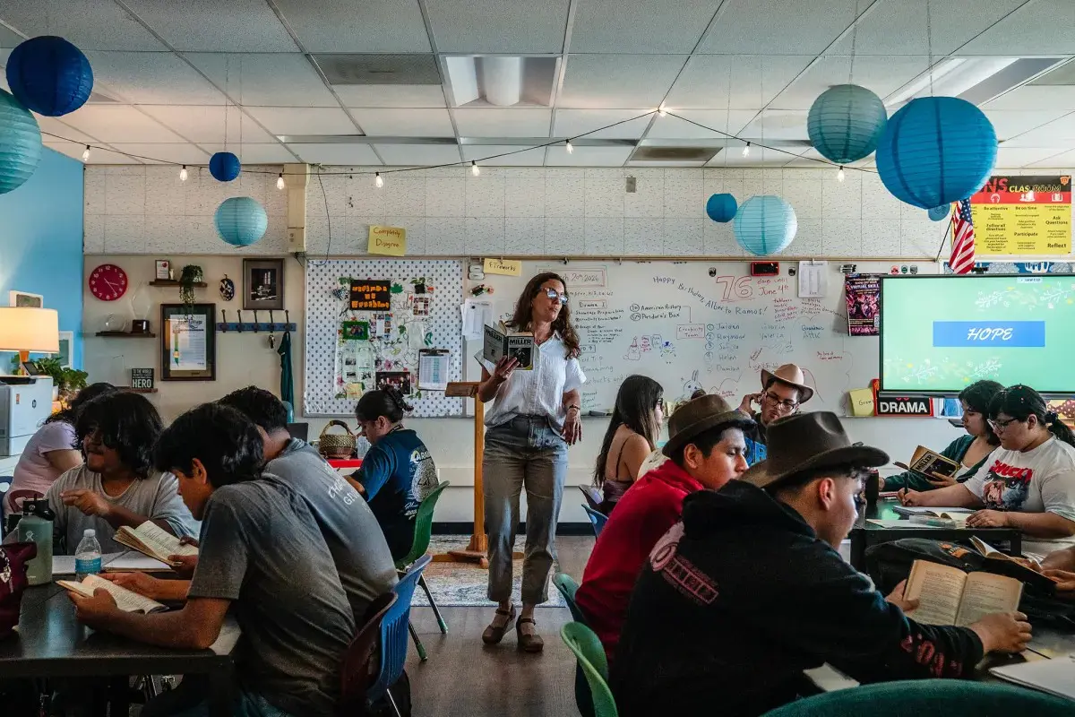 Teacher Catherine Borek with her senior students at Dominguez High School in Compton on March 20, 2026.