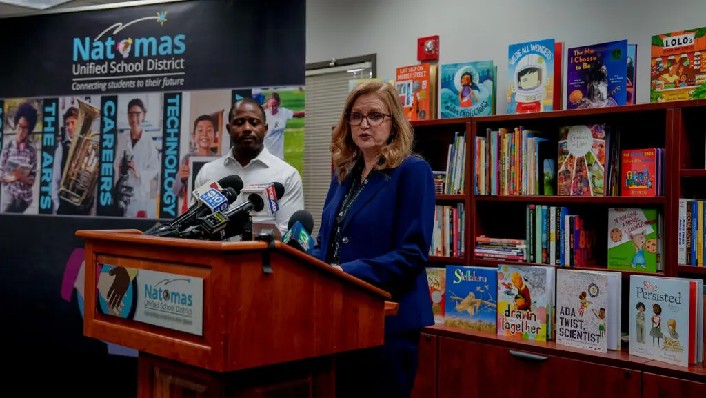 Robyn Castillo, Natomas Unified School District superintendent, at the press conference on March 9, 2026. Photo by Denis Akbari.