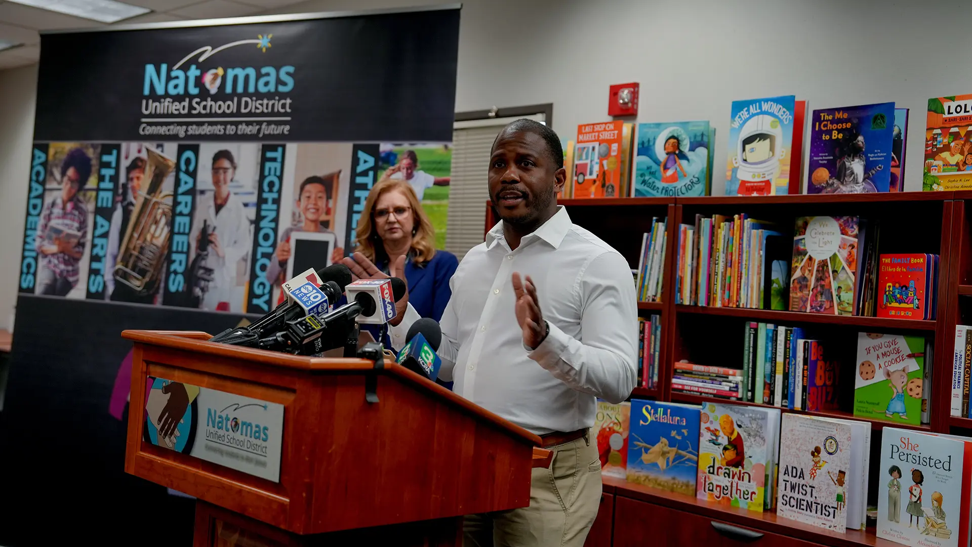 Micah Grant, Natomas Unified School Board president, at the press conference on March 9, 2026. Photo by Denis Akbari.