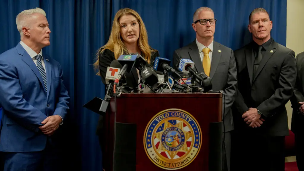 Clara Nabity, Deputy District Attorney, speaks at the Press Conference on April 10, 2026, about the fireworks explosion in Esparto. Photo by Denis Akbari.
