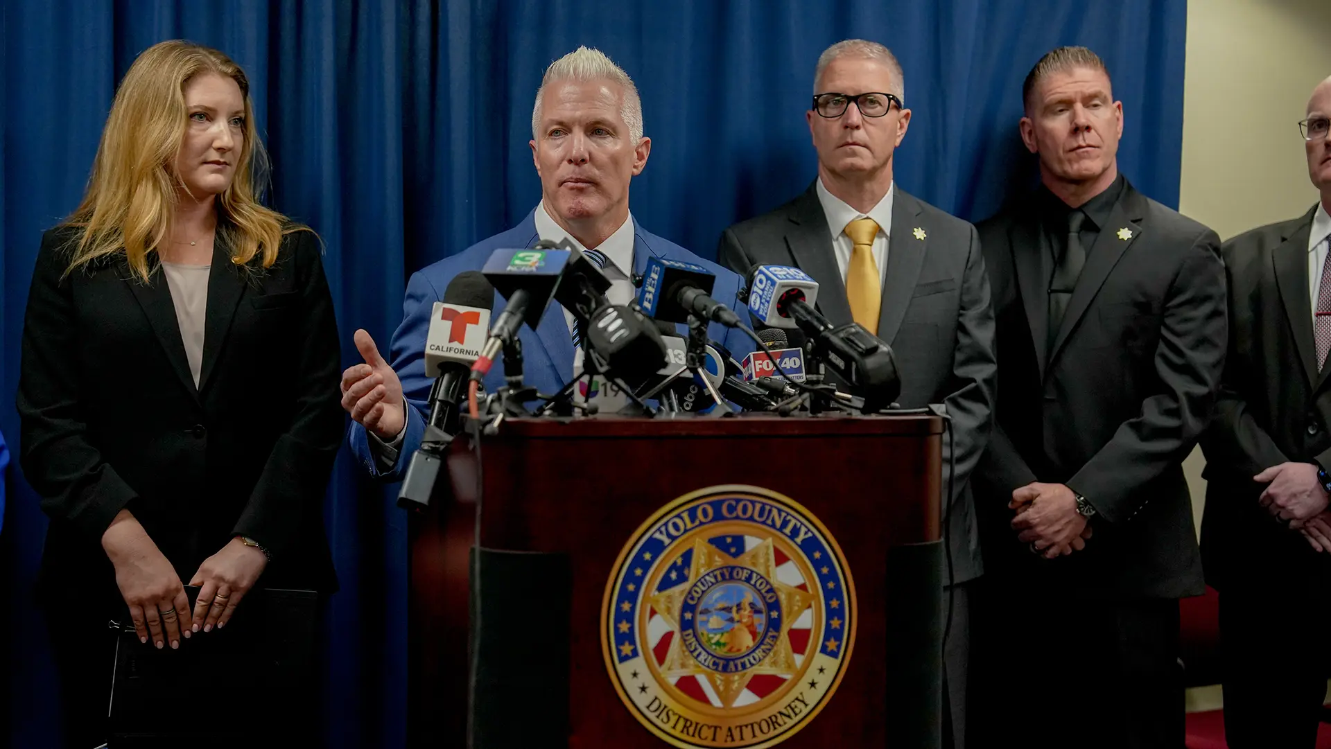 Jeff Reisig, Yolo County District Attorney, speaks at the Press Conference on April 10, 2026, about the fireworks explosion in Esparto. Photo by Denis Akbari.