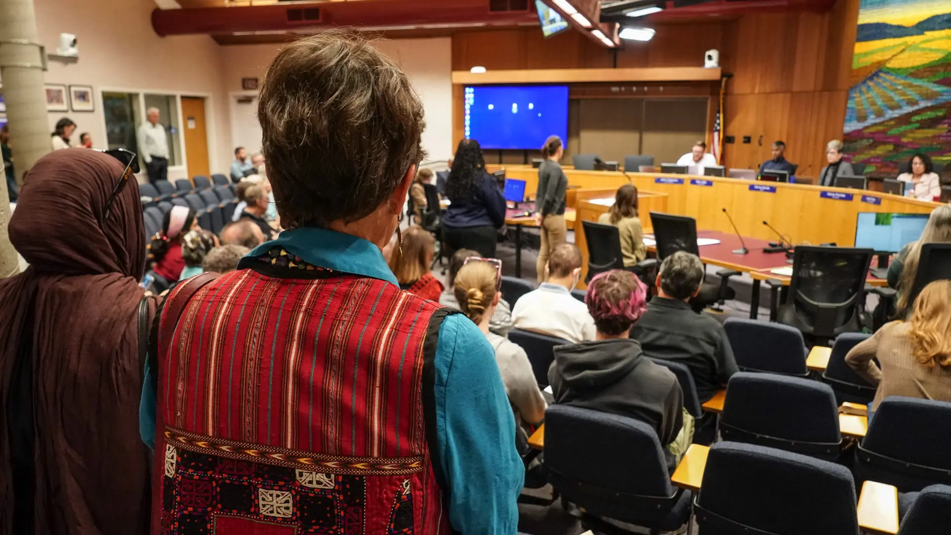 Meeting attendees stand during the Davis City Council session