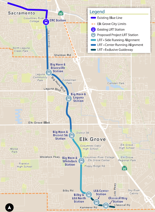 Map of proposed Elk Grove rail line