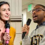 Two candidates speak into mics