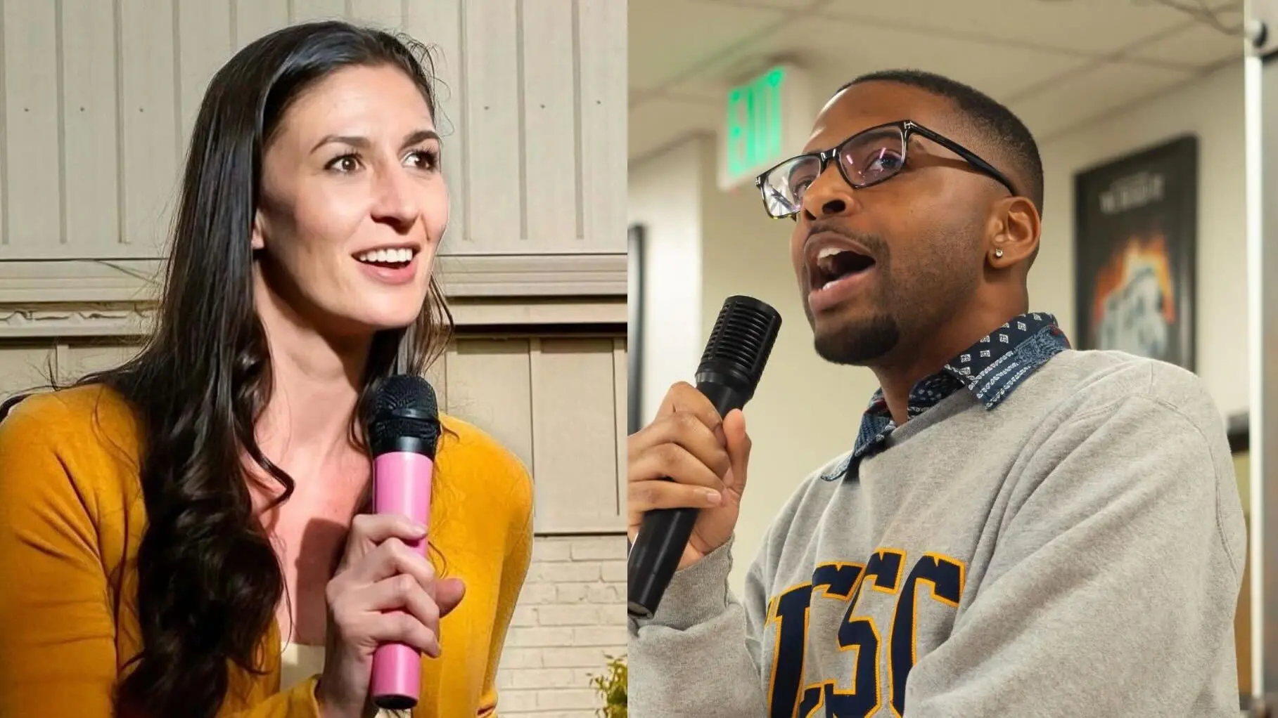 Two candidates speak into mics