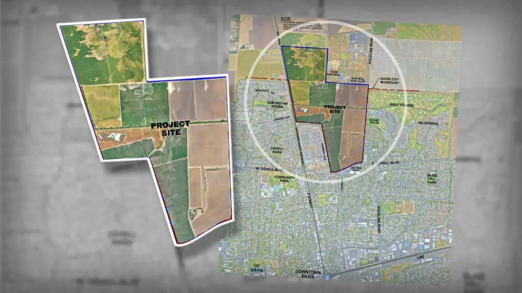 Map shows project site proposed location Village Farms Davis.