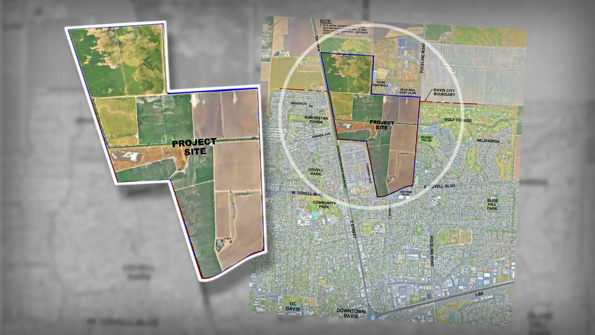 Map shows project site proposed location Village Farms Davis.