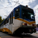 Light rail train on 8th and K street in Sacramento. Photo by Denis Akbari.
