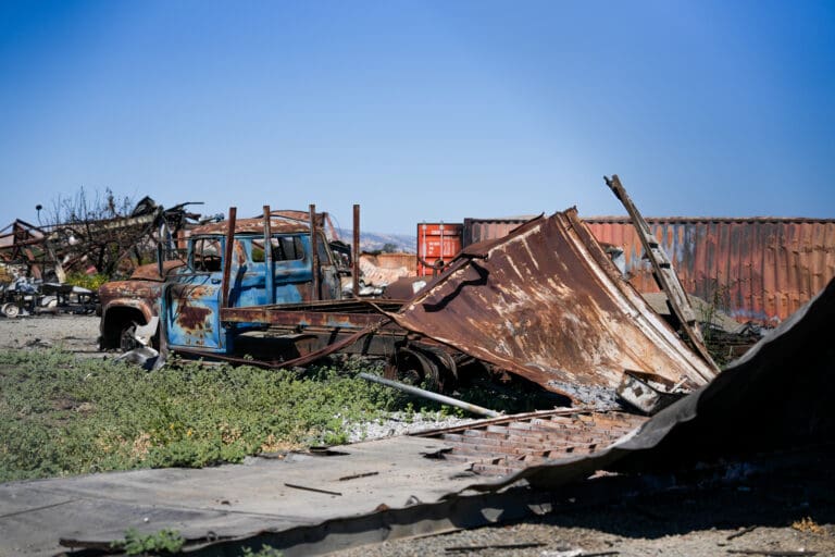 The remains on Sept. 23 of the fireworks storage facility explosion that occurred on July 1, 2025, in Esparto, California. Photo by Denis Akbari.