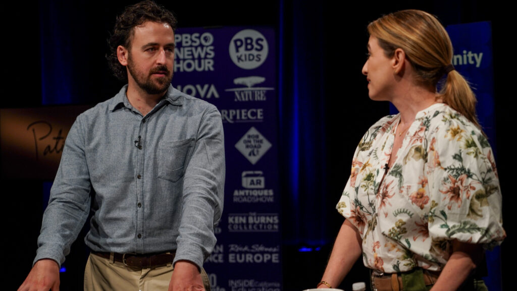 Benjy Egel of Abriged speaks with Pati Jinich during an interview at PBS KVIE on Sept. 3, 2025. Photo by Denis Akbari.