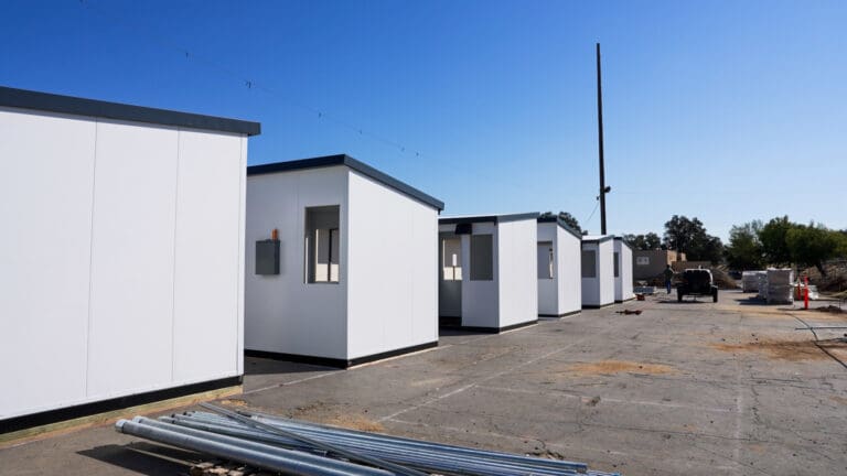 Tiny homes under construction at the Roseville Road Campus shelter on Aug. 25, 2025.