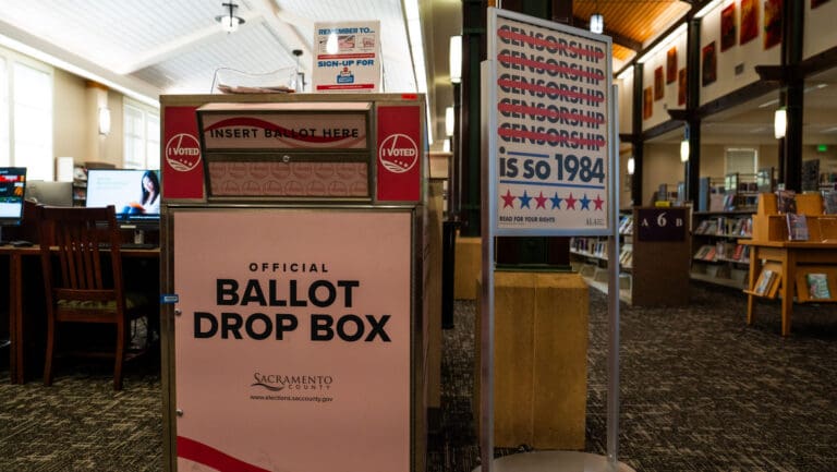 Ballot drop box at the South Natomas library. Voters can drop off ballots at Sacramento-area libraries starting Oct. 7, 2025.