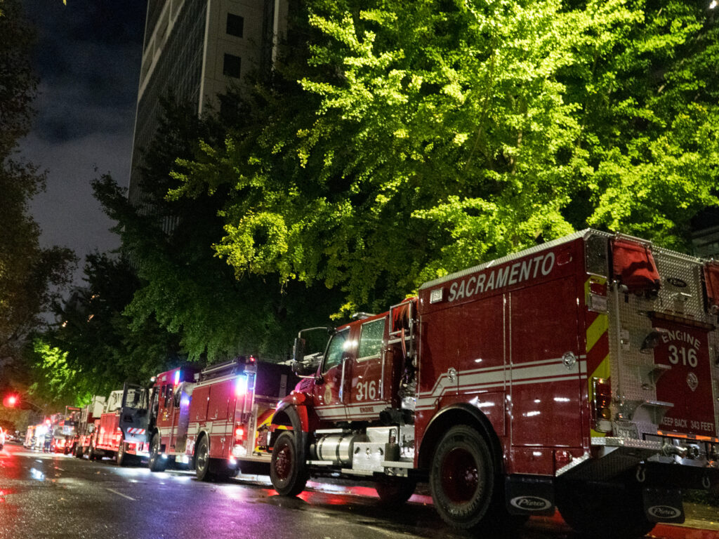 Fire engines wrapped the entire city block outside the vacant Board of Equalization state office building at 450 N St. downtown Sacramento.
