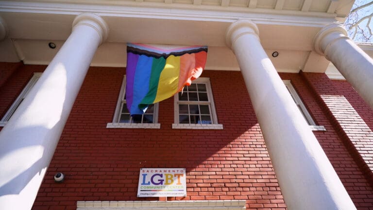 rainbow flag on building