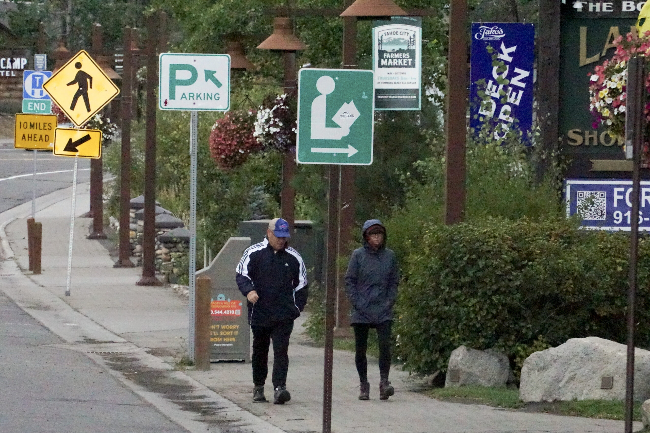 Pedestrians walk through Tahoe City