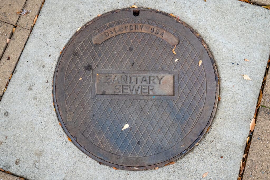 A sanitary sewer manhole cover in West Sacramento.