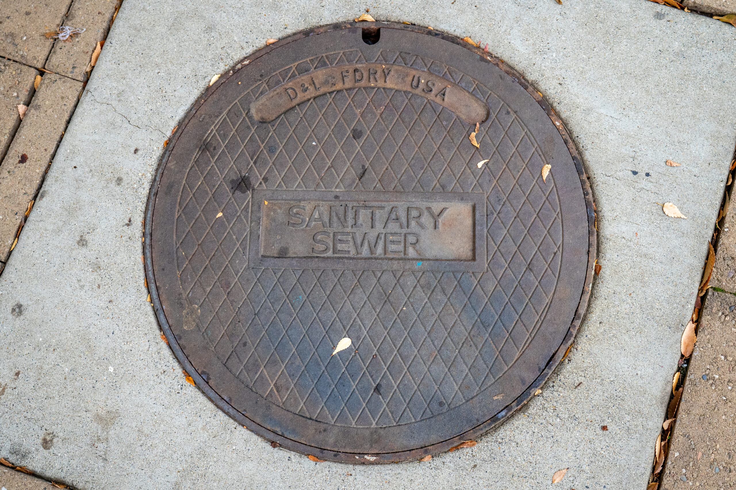 A sanitary sewer manhole cover in West Sacramento.