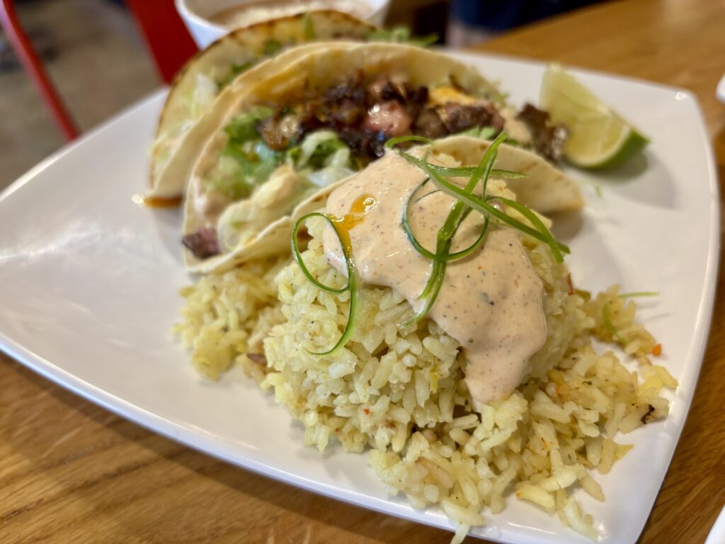 rice, tacos and beans