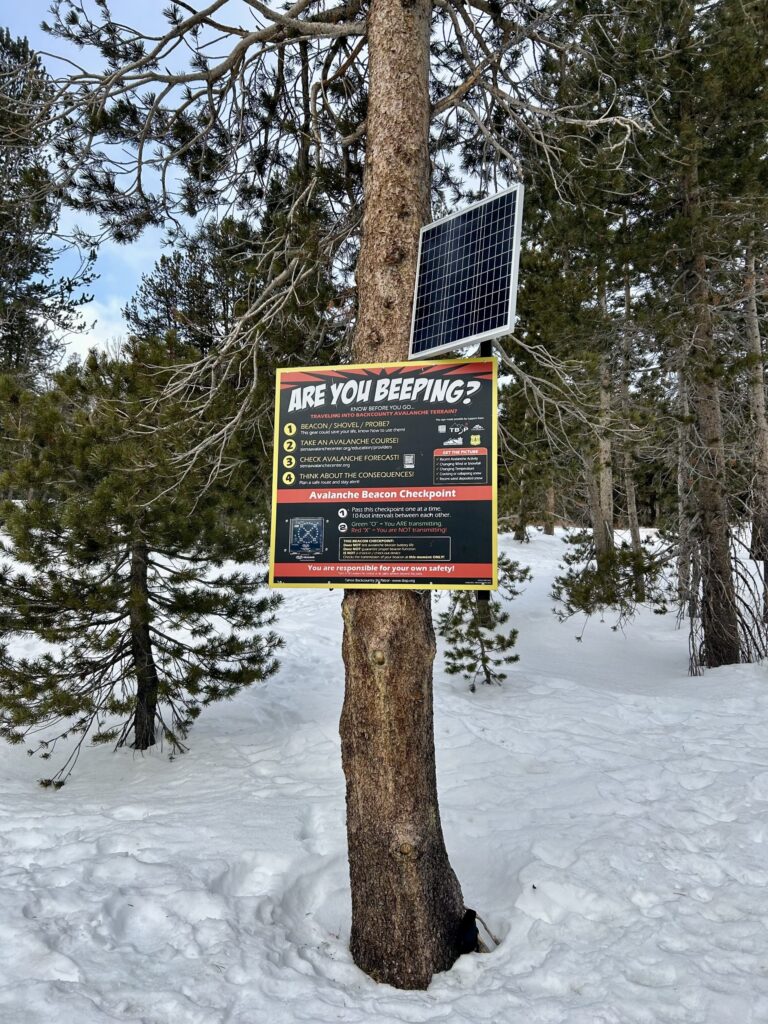 A sign on a tree in the snow that says Are you Beeping?