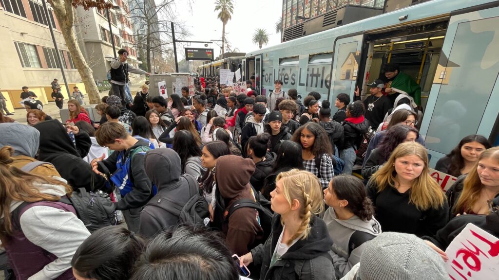 Students in front of the train