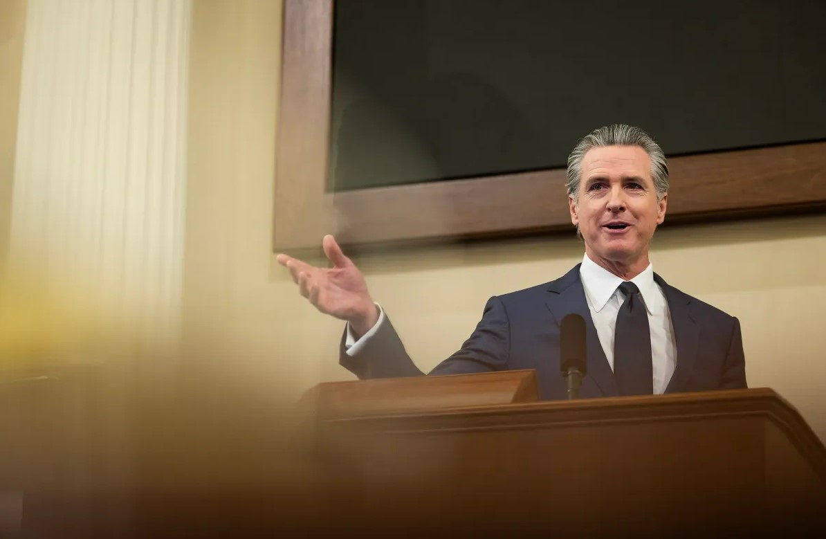 California Gov. Gavin Newsom stands at a podium and delivers the State of the State address on Jan. 8, 2026.