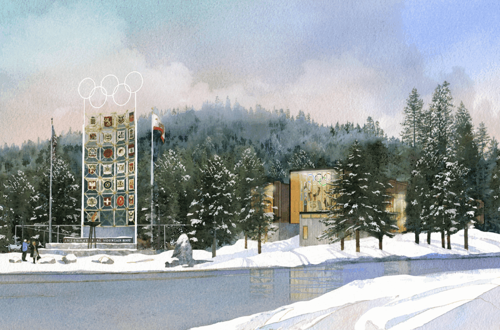A watercolor rending showing Olympic rings and the proposed snow museum