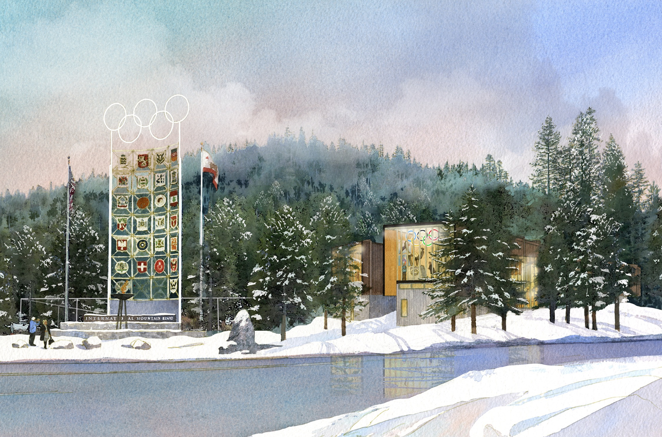 A watercolor rending showing Olympic rings and the proposed snow museum