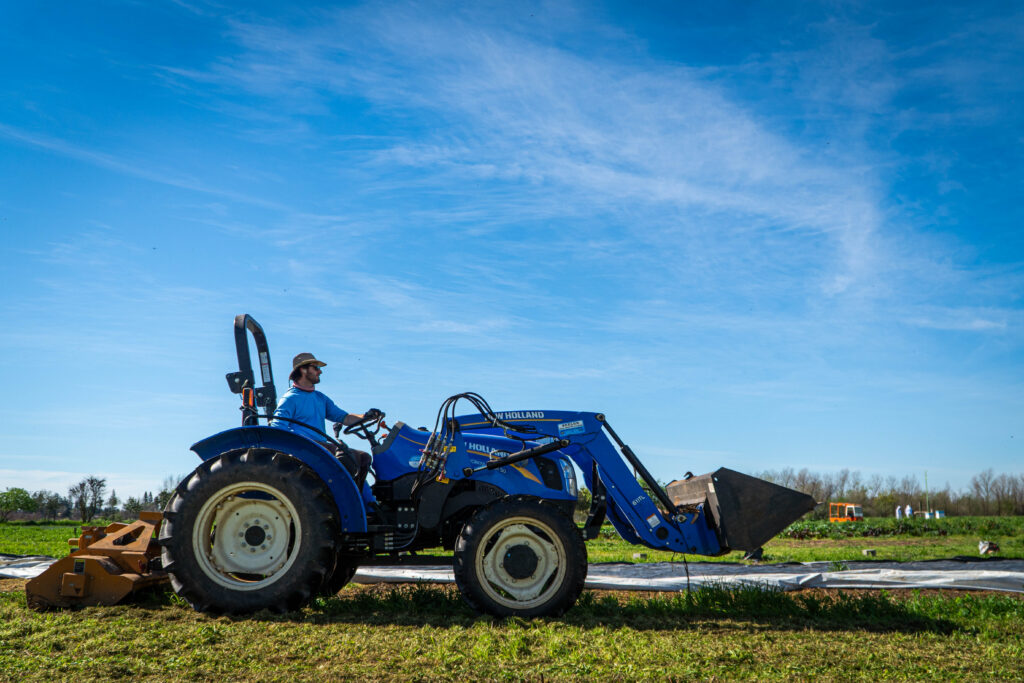 Man driving tractor on farm
