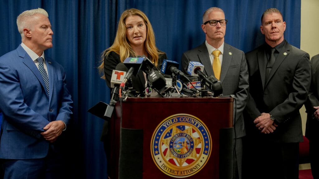 Clara Nabity, Deputy District Attorney, speaks at the Press Conference on April 10, 2026, about the fireworks explosion in Esparto. Photo by Denis Akbari.