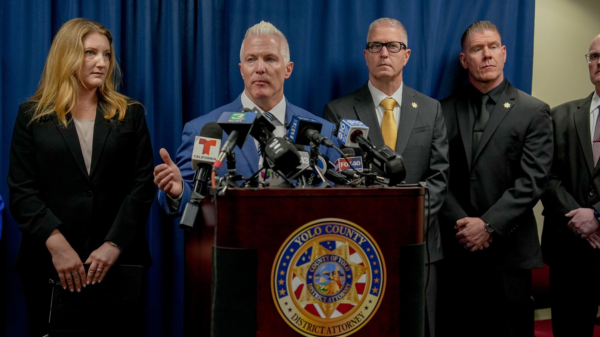 Jeff Reisig, Yolo County District Attorney, speaks at the Press Conference on April 10, 2026, about the fireworks explosion in Esparto. Photo by Denis Akbari.