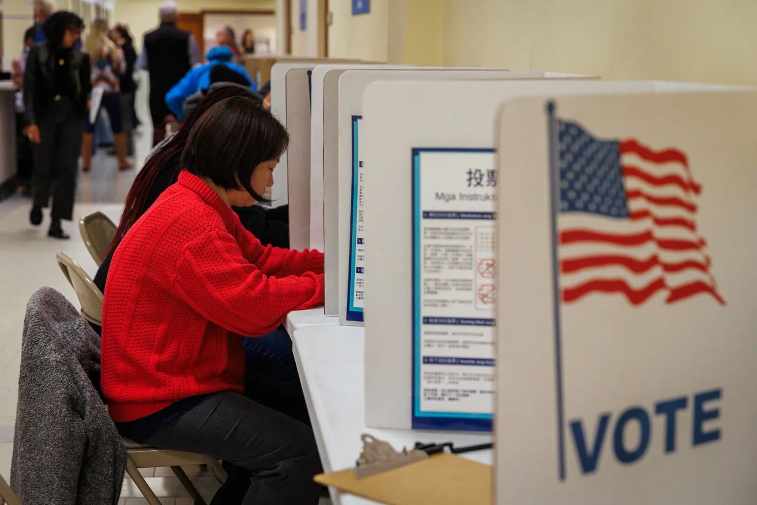 Voters cast their ballots on Super Tuesday at City Hall in San Francisco on March 5, 2024.
