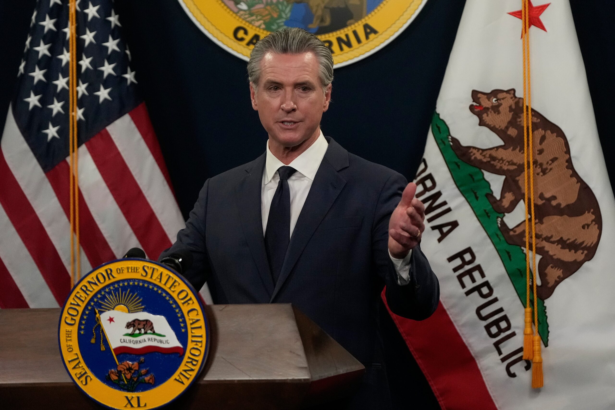 Gov. Gavin Newsom at a podium