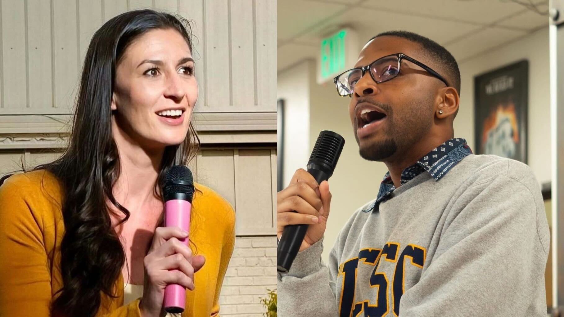 Two candidates speak into mics