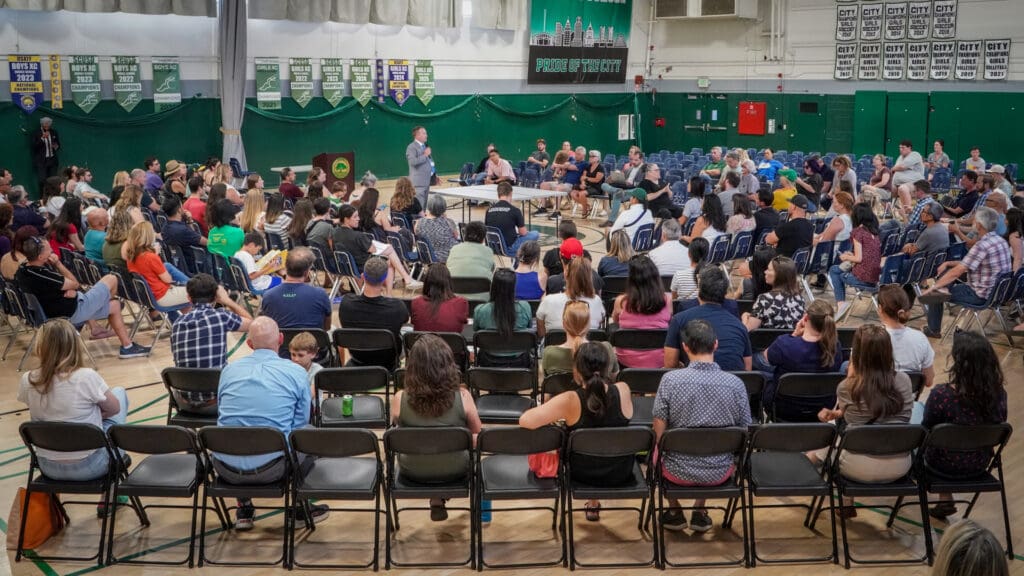 Meeting in a gymnasium