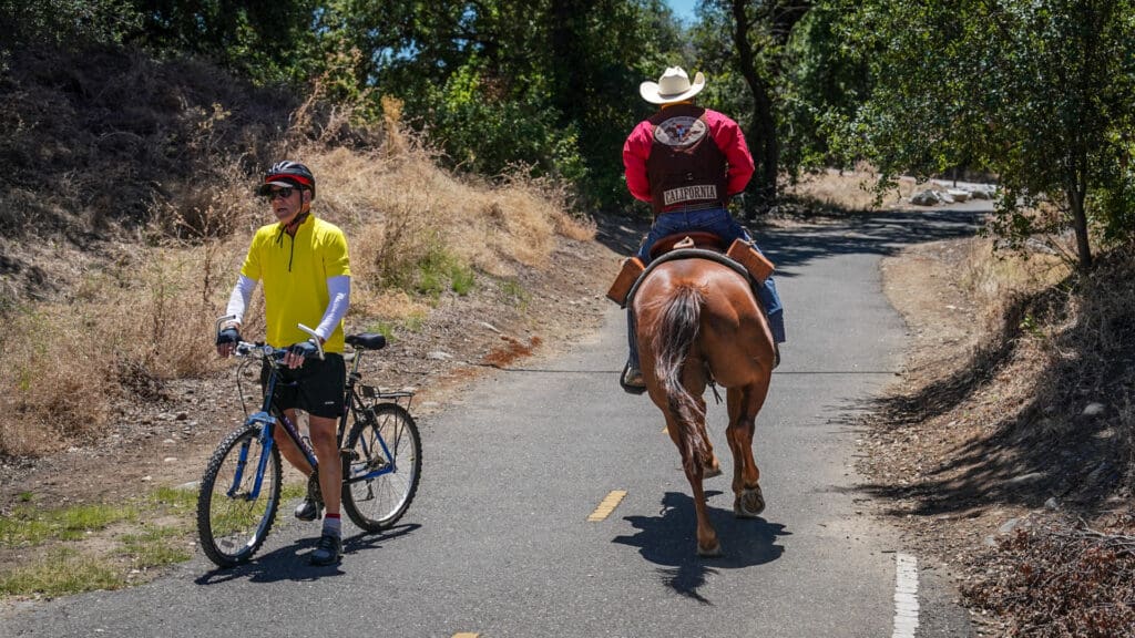 Man on horse next to bicycle
