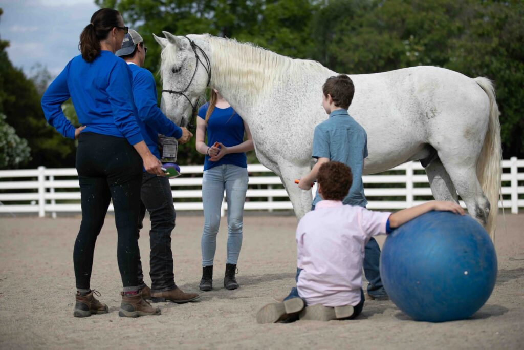 Kids stand around a horse