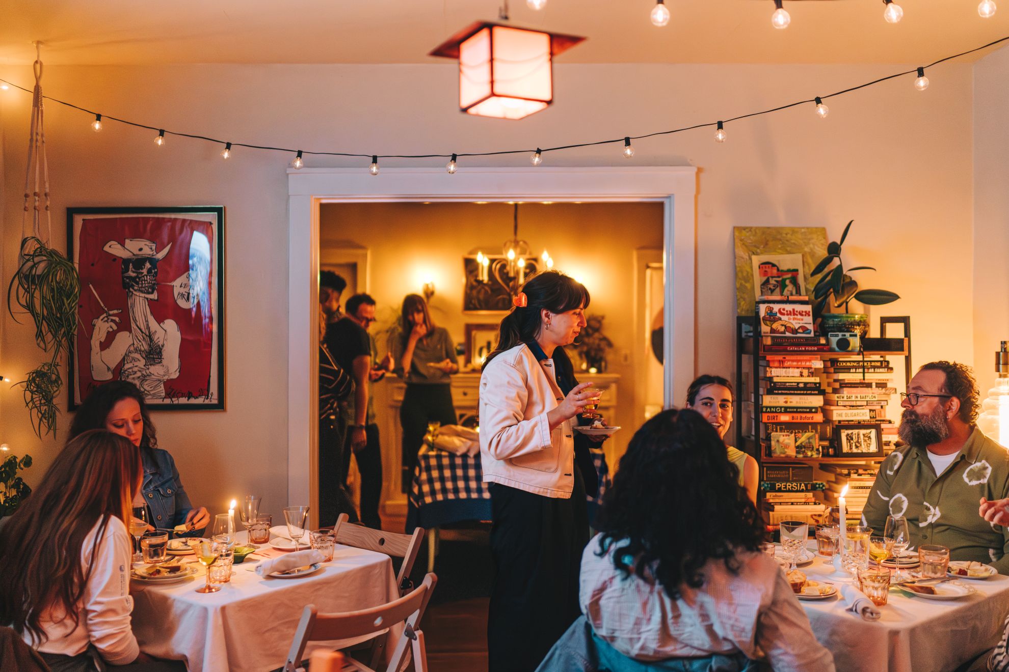 Guests dine at a house